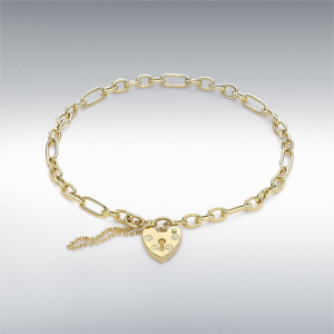 9ct Yellow Gold Straight Figaro Chain, Padlock & Safety Chain Bracelet