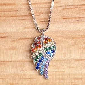 Silver Cubic Zirconia Rhodium Plated Angel Wing Necklace Coloured Gem