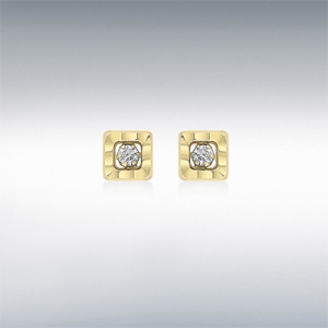 9ct Yellow Gold CZ Diamond Cut Square Stud Earrings