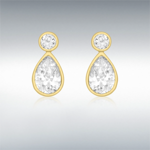 9ct Yellow Gold Round CZ and Teardrop CZ Stud Earrings