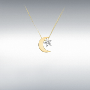 9ct 2-Colour Gold Polished Moon and Diamond Cut Star Adjustable Necklace