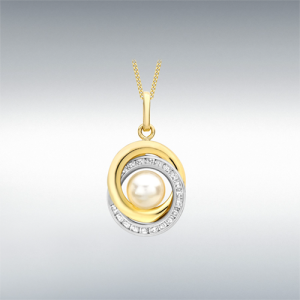 9ct 2-Colour Gold CZ Knot & Pearl Necklace