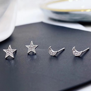 Silver Rhodium Plated Moon & Star Earrings Set 4pc