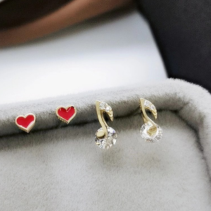 Silver With 14k Gold Plated Red Love Heart & Musical Symbol Earrings Set