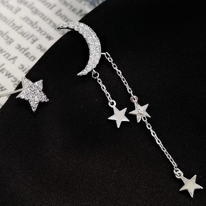 Silver With 14k White Gold Plated Moon & Star Earring